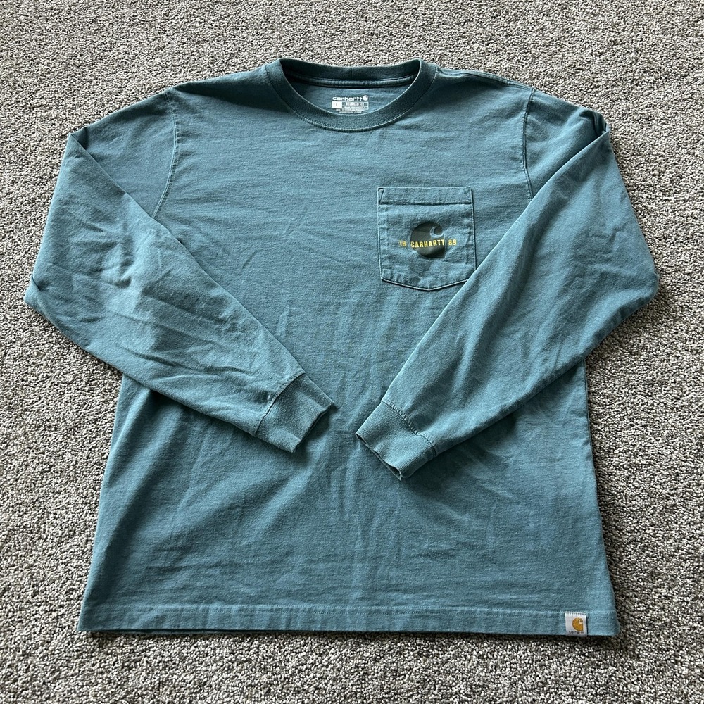 Carhartt Shirt Mens Large Blue Long Sleeve Pocket Graphic Tee T-Shirt Workwear
